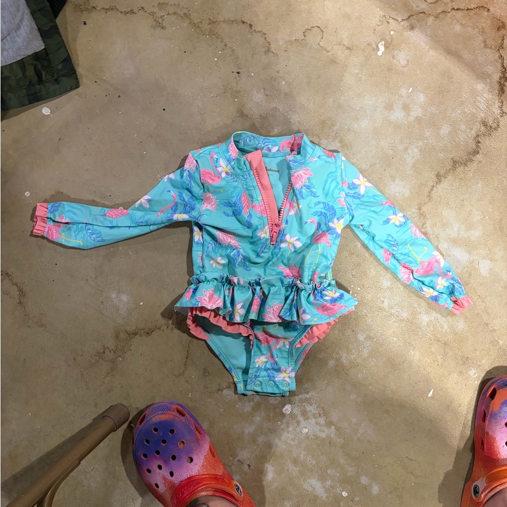 Tommy Bahama Aqua Floral Long-Sleeve Ruffle One-Piece Swimsuit